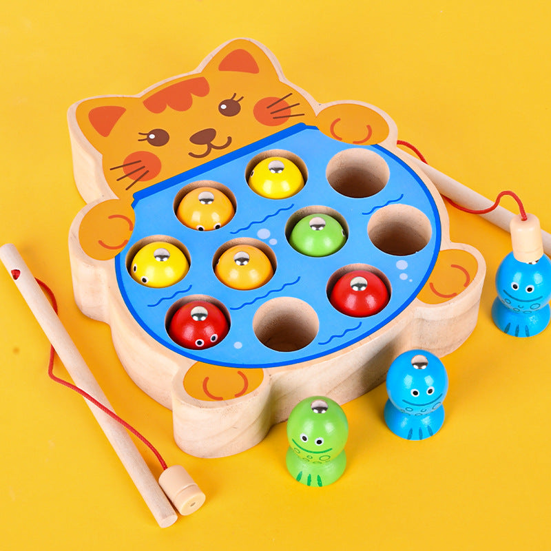 Wooden magnetic kitten fishing