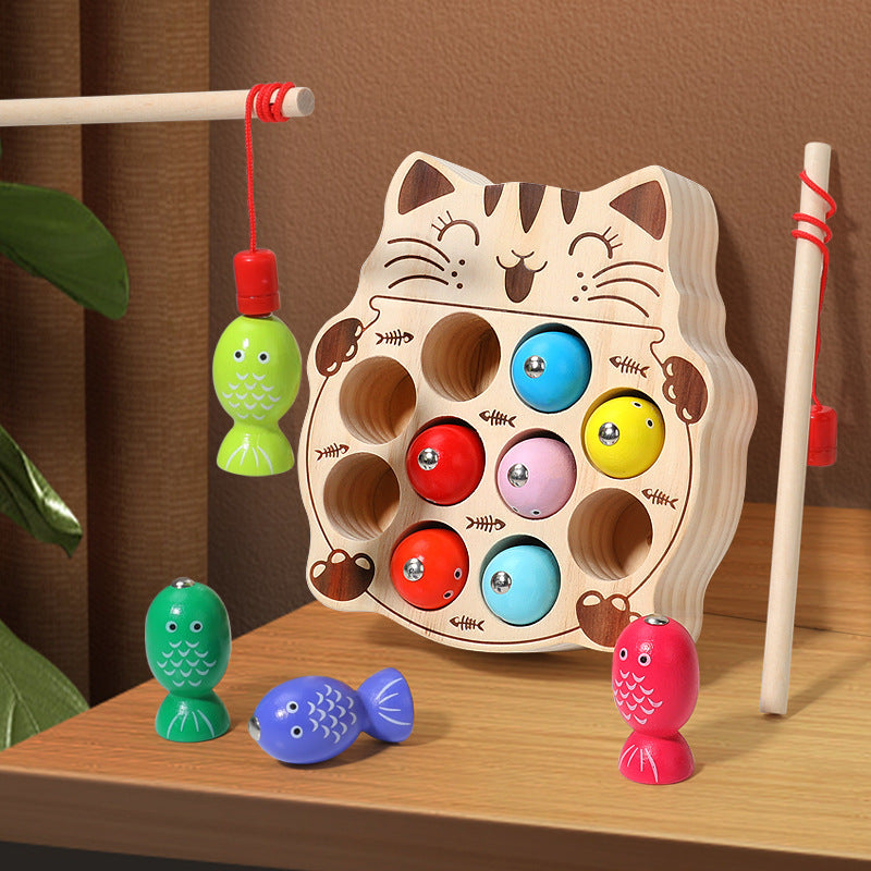 Wooden magnetic kitten fishing