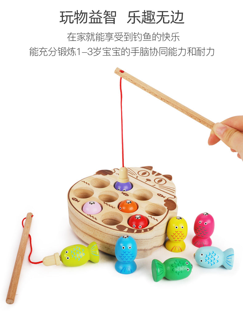 Wooden magnetic kitten fishing