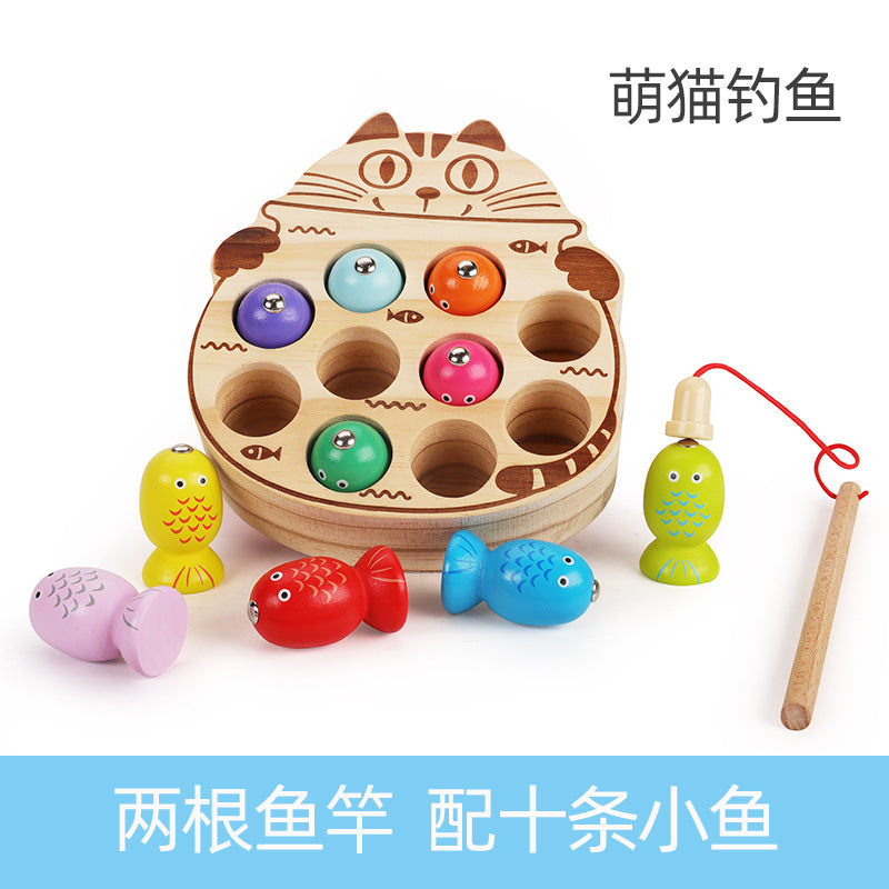 Wooden magnetic kitten fishing